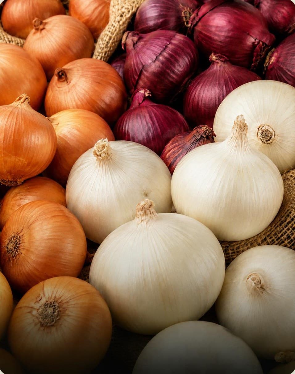Red, white and brown onions together
